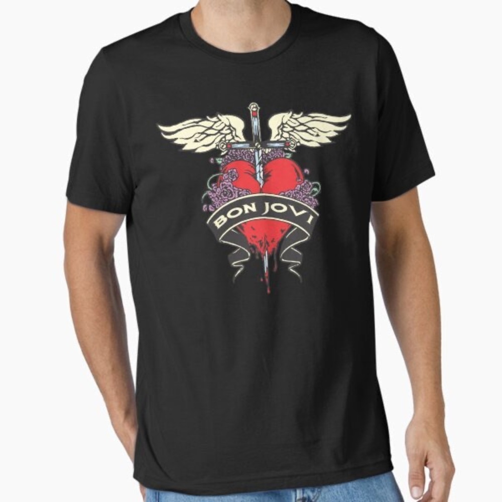 Bon Jovi Winged Heart Dagger Tee 80s Rock Glam Band Tee Small Unisex